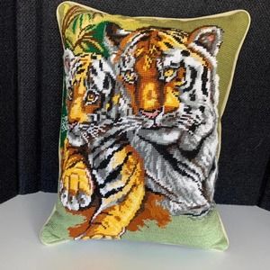 Vintage Needlepoint Pillow 16x13 Bengal Tigers - Very Detailed. Beautiful art